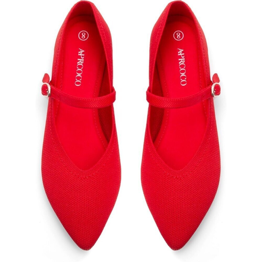 Women's Red Knit Pointed Toe Ballet Flat with Ankle Strap Casual Comfort Shoes
